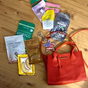 makeup, face masks and Keychain with a red handbag